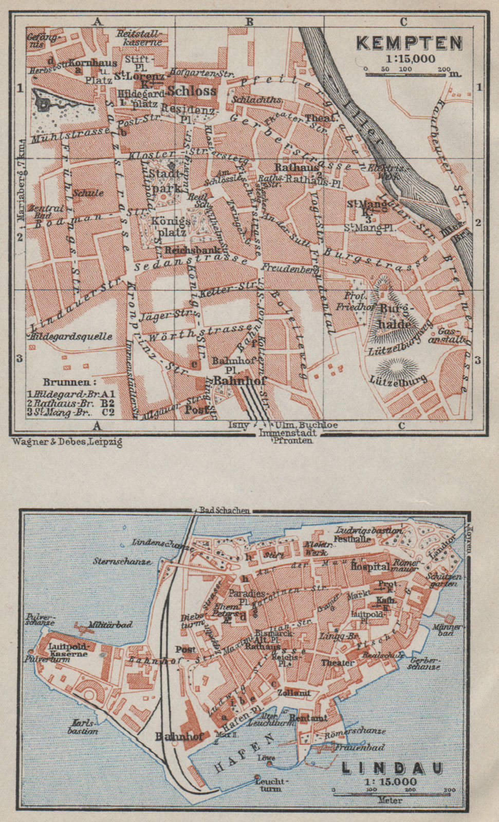 KEMPTEN & LINDAU town city plans. Bayern Bavaria Deutschland. SMALL 1927 map